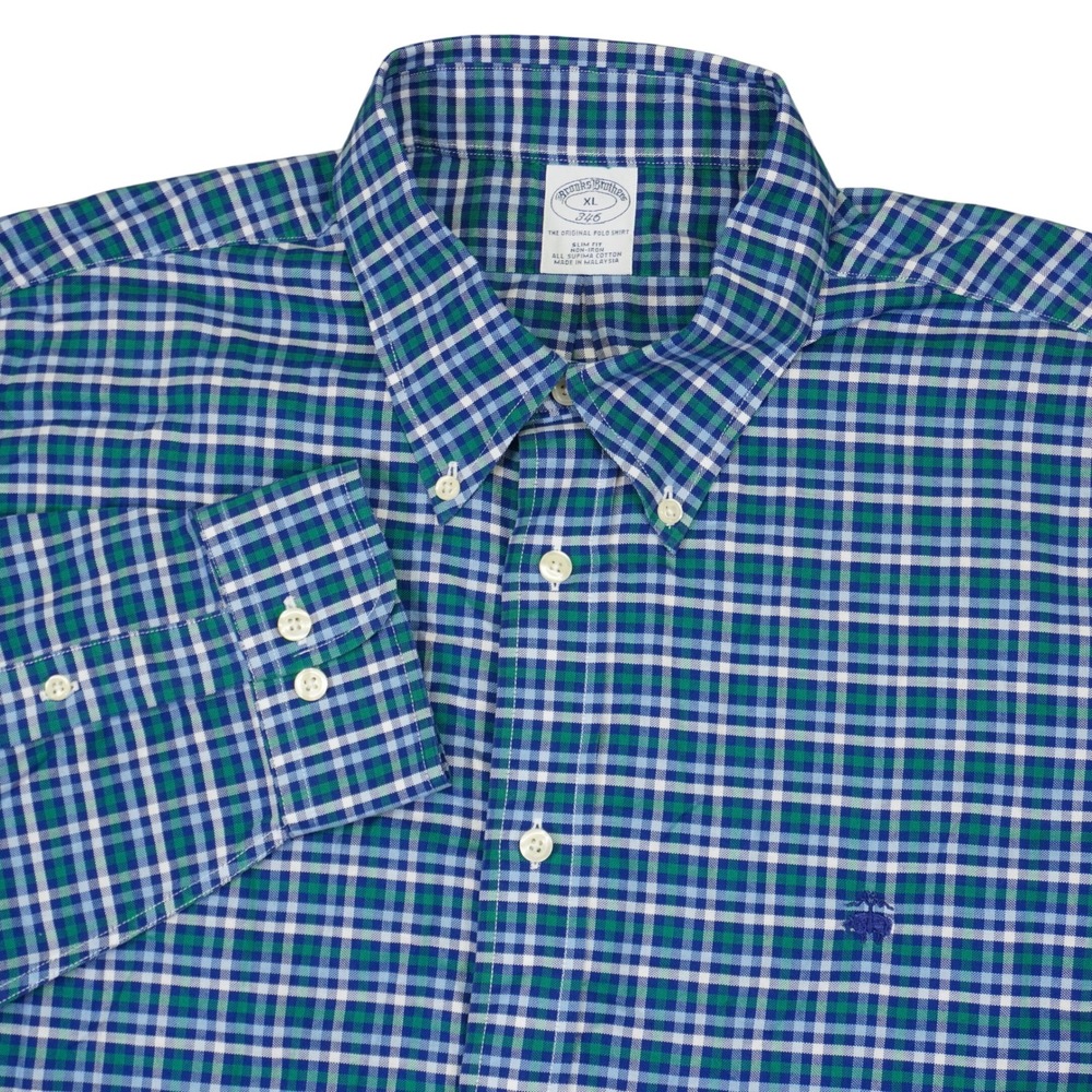 Brooks Brothers Button Down Shirt Mens XL Blue Green Plaid Slim Fit Non-Iron